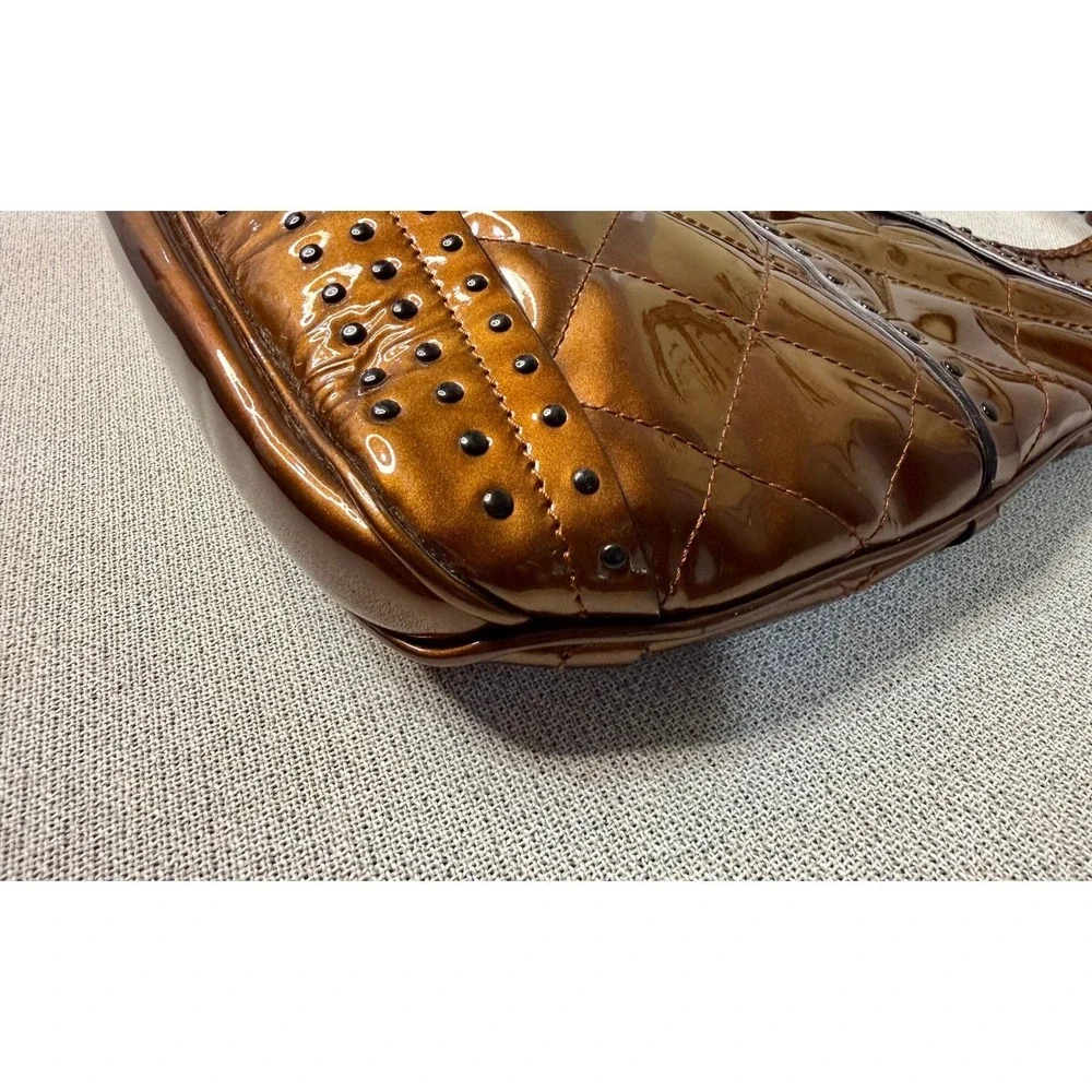 Burberry Prorsum Metallic Bronze Quilted Patent Leather Studded Hobo‎ Bag Italy